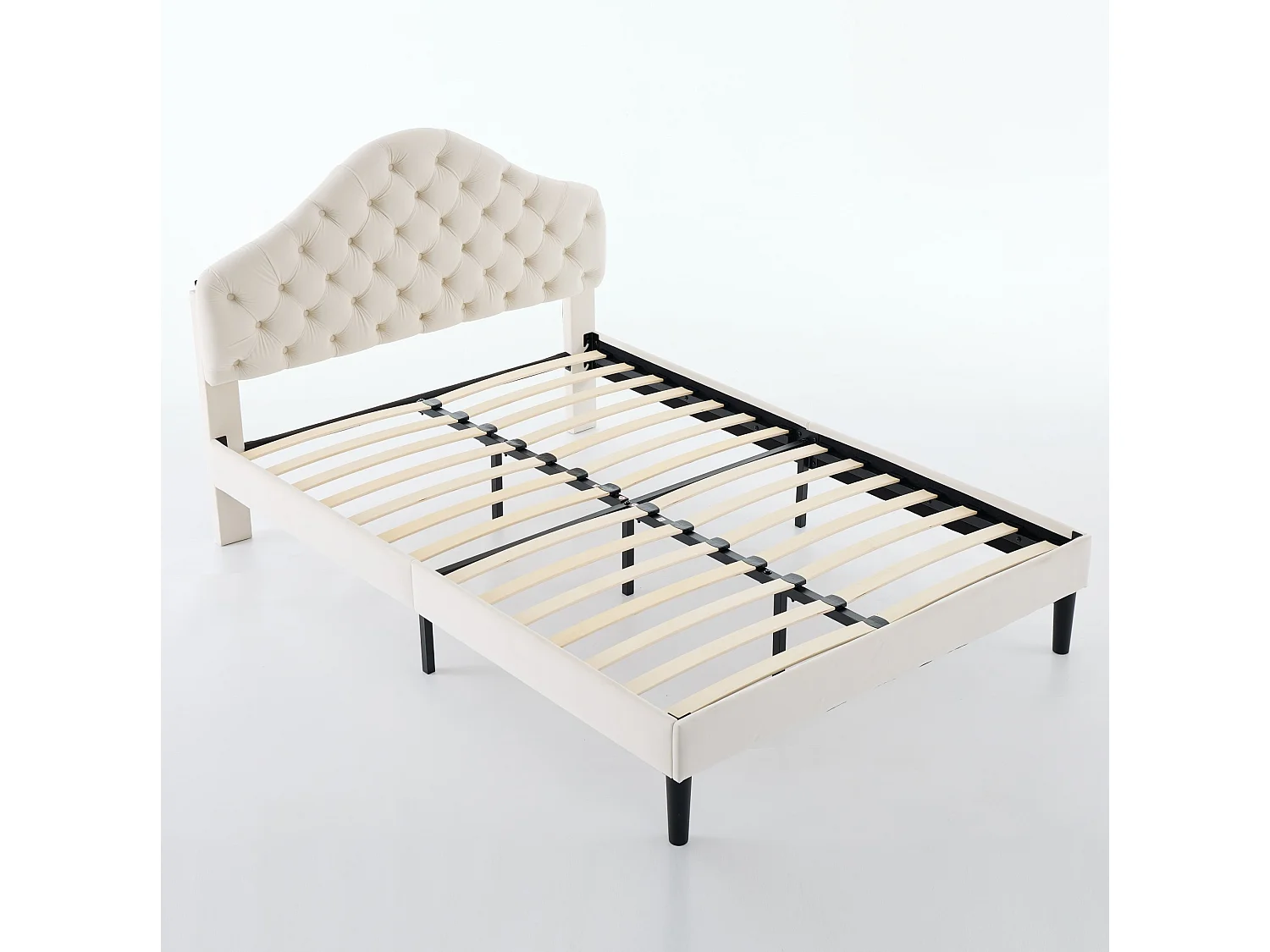Lit adulte 140x200 cm avec tête de lit réglable, sommier à lattes en bois, en velours, beige, sans matelas