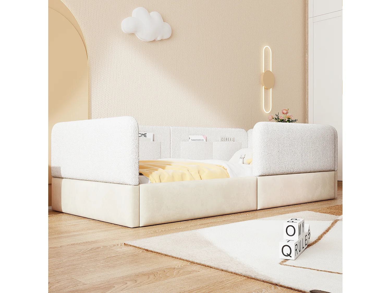 Cama infantil de 90x200 cm con barrera de seguridad y bolsillos de almacenamiento, terciopelo, blanca, colchón no incluido