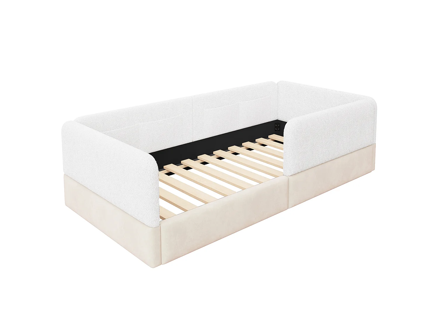 Cama infantil de 90x200 cm con barrera de seguridad y bolsillos de almacenamiento, terciopelo, blanca, colchón no incluido