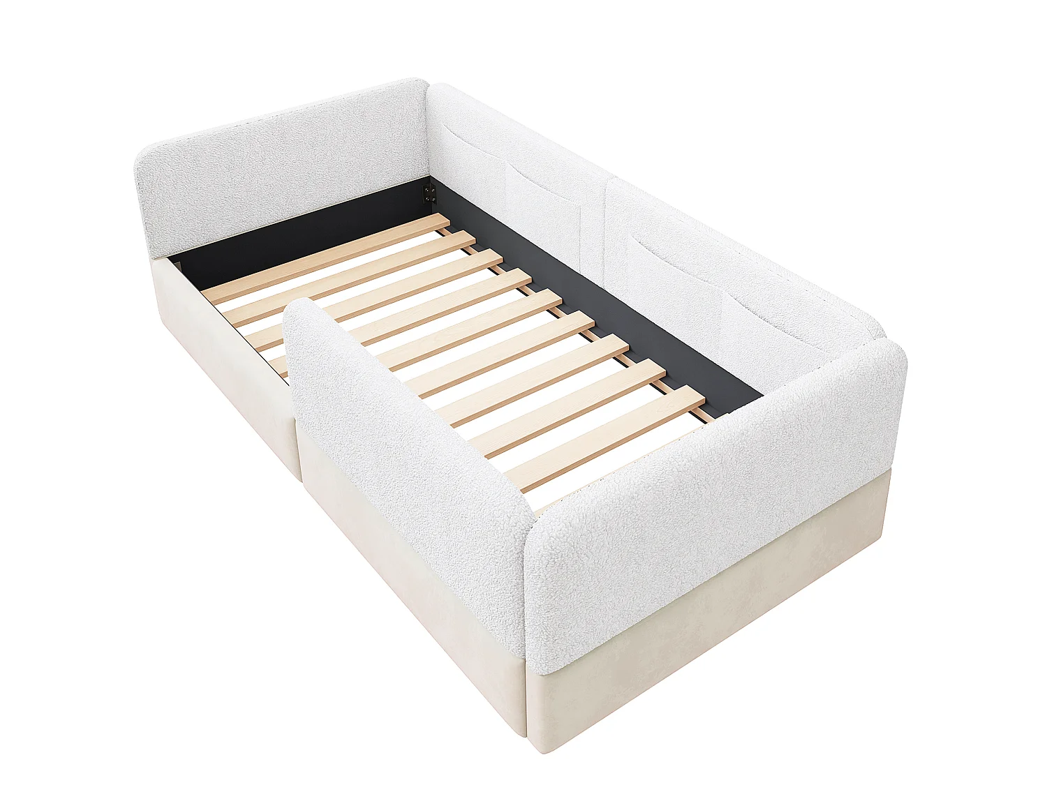 Cama infantil de 90x200 cm con barrera de seguridad y bolsillos de almacenamiento, terciopelo, blanca, colchón no incluido