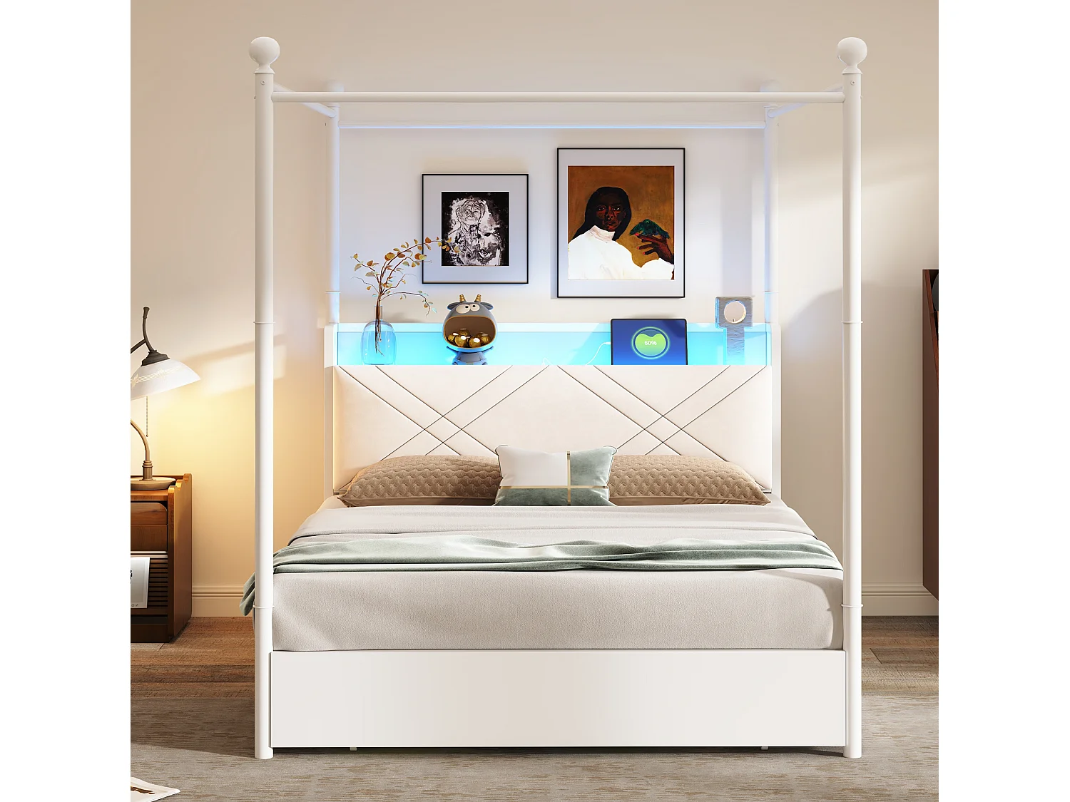 Lit adulte 140x190 cm avec tiroirs, baldaquin amovible et ports USB et Type-C, en métal, blanc, sans matelas