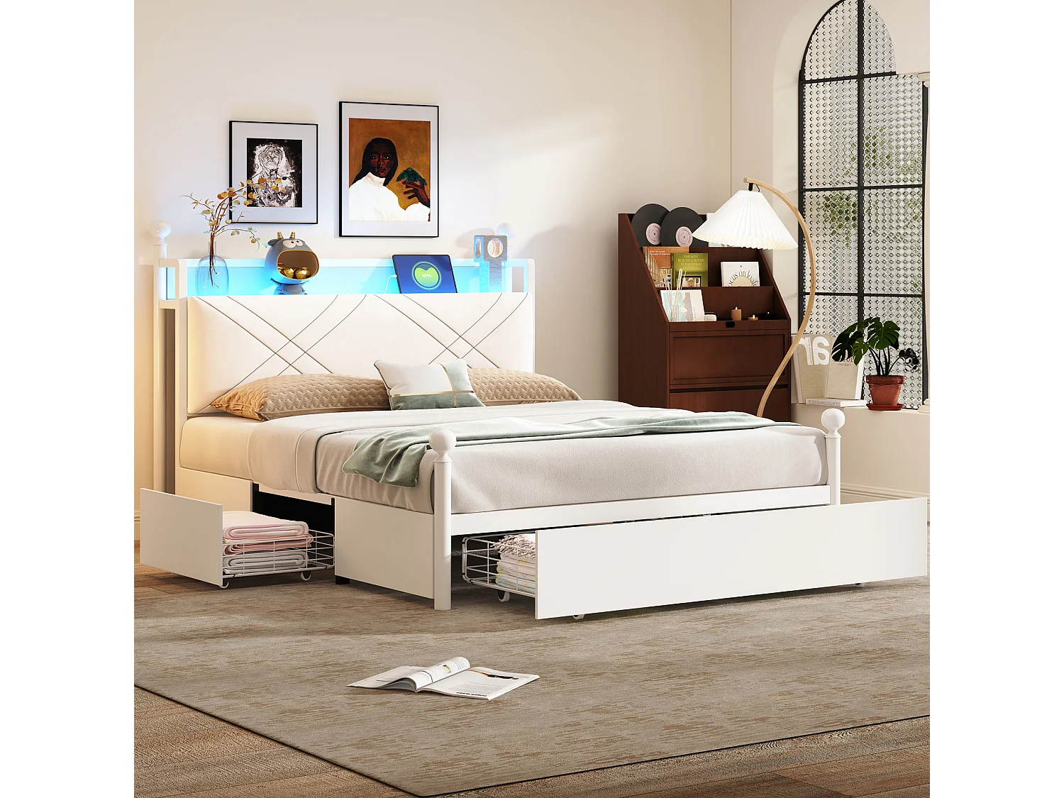 Lit adulte 140x190 cm avec tiroirs, baldaquin amovible et ports USB et Type-C, en métal, blanc, sans matelas