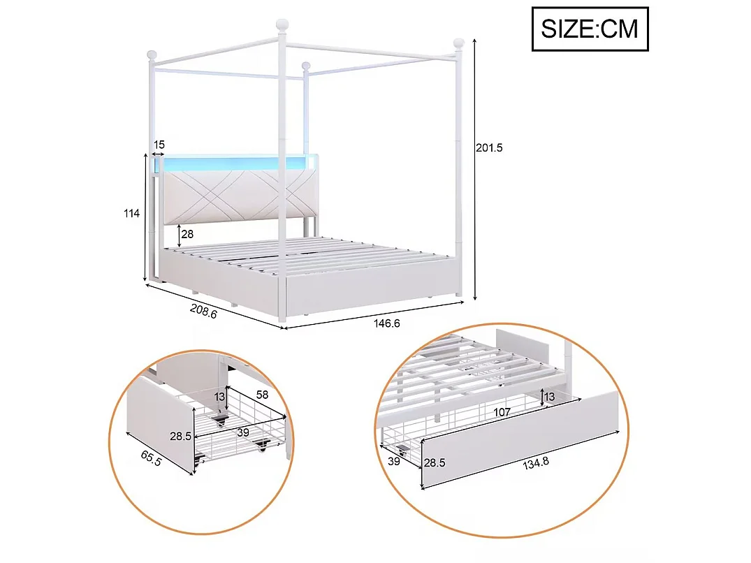 Lit adulte 140x190 cm avec tiroirs, baldaquin amovible et ports USB et Type-C, en métal, blanc, sans matelas