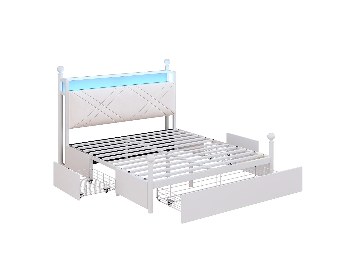 Lit adulte 140x190 cm avec tiroirs, baldaquin amovible et ports USB et Type-C, en métal, blanc, sans matelas