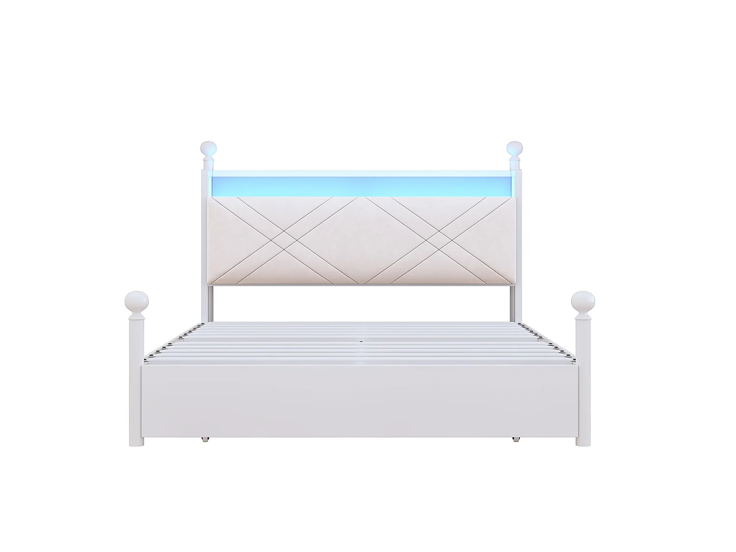 Lit adulte 140x190 cm avec tiroirs, baldaquin amovible et ports USB et Type-C, en métal, blanc, sans matelas