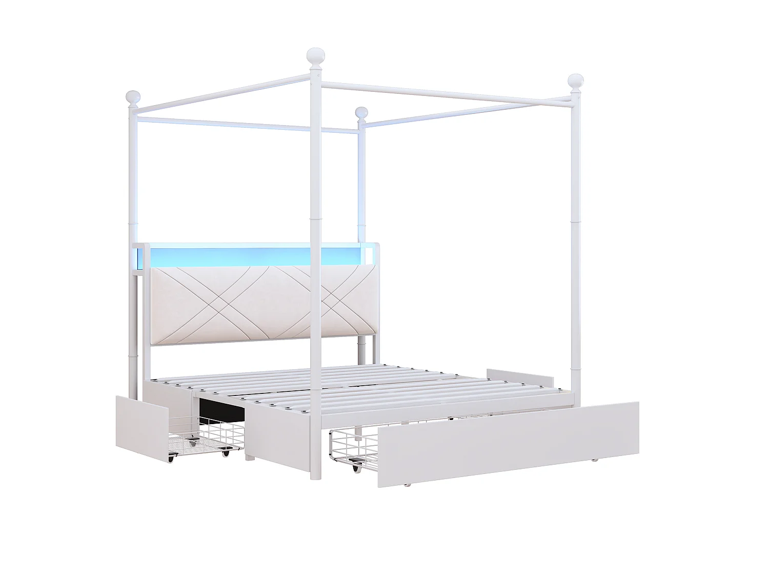 Lit adulte 140x190 cm avec tiroirs, baldaquin amovible et ports USB et Type-C, en métal, blanc, sans matelas