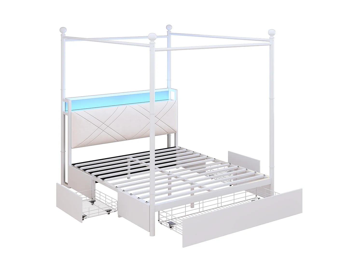 Lit adulte 140x190 cm avec tiroirs, baldaquin amovible et ports USB et Type-C, en métal, blanc, sans matelas