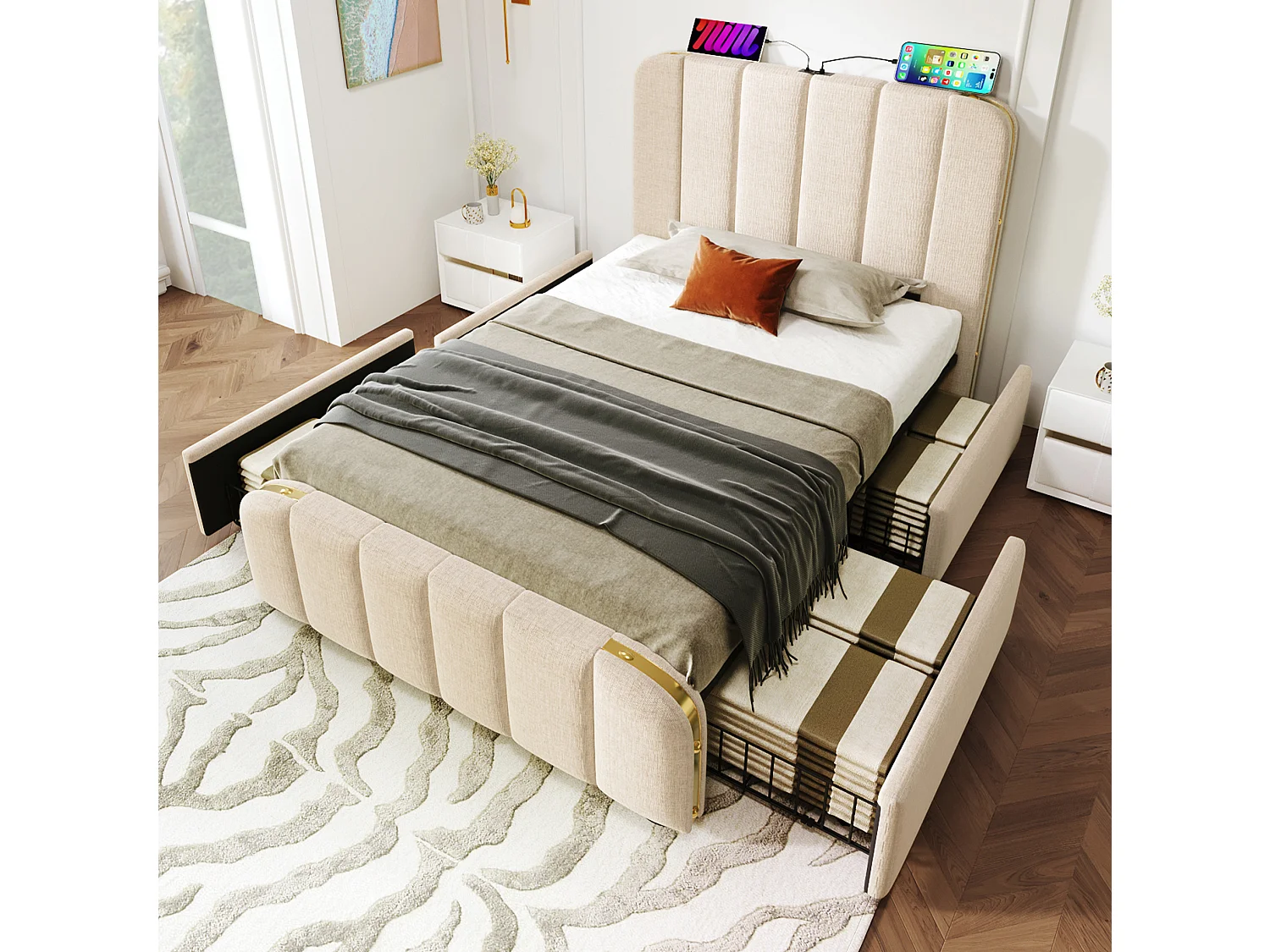 Letto per bambini 90x200 cm con 4 cassetti, testiera con porte USB e Type-C, rivestimento in tessuto beige, materasso incluso