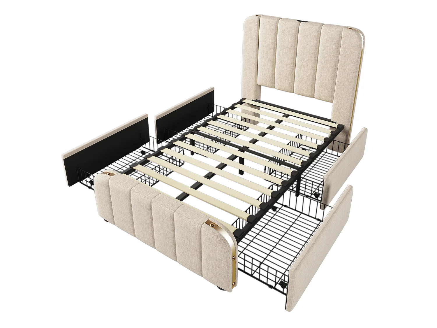 Letto per bambini 90x200 cm con 4 cassetti, testiera con porte USB e Type-C, rivestimento in tessuto beige, materasso incluso