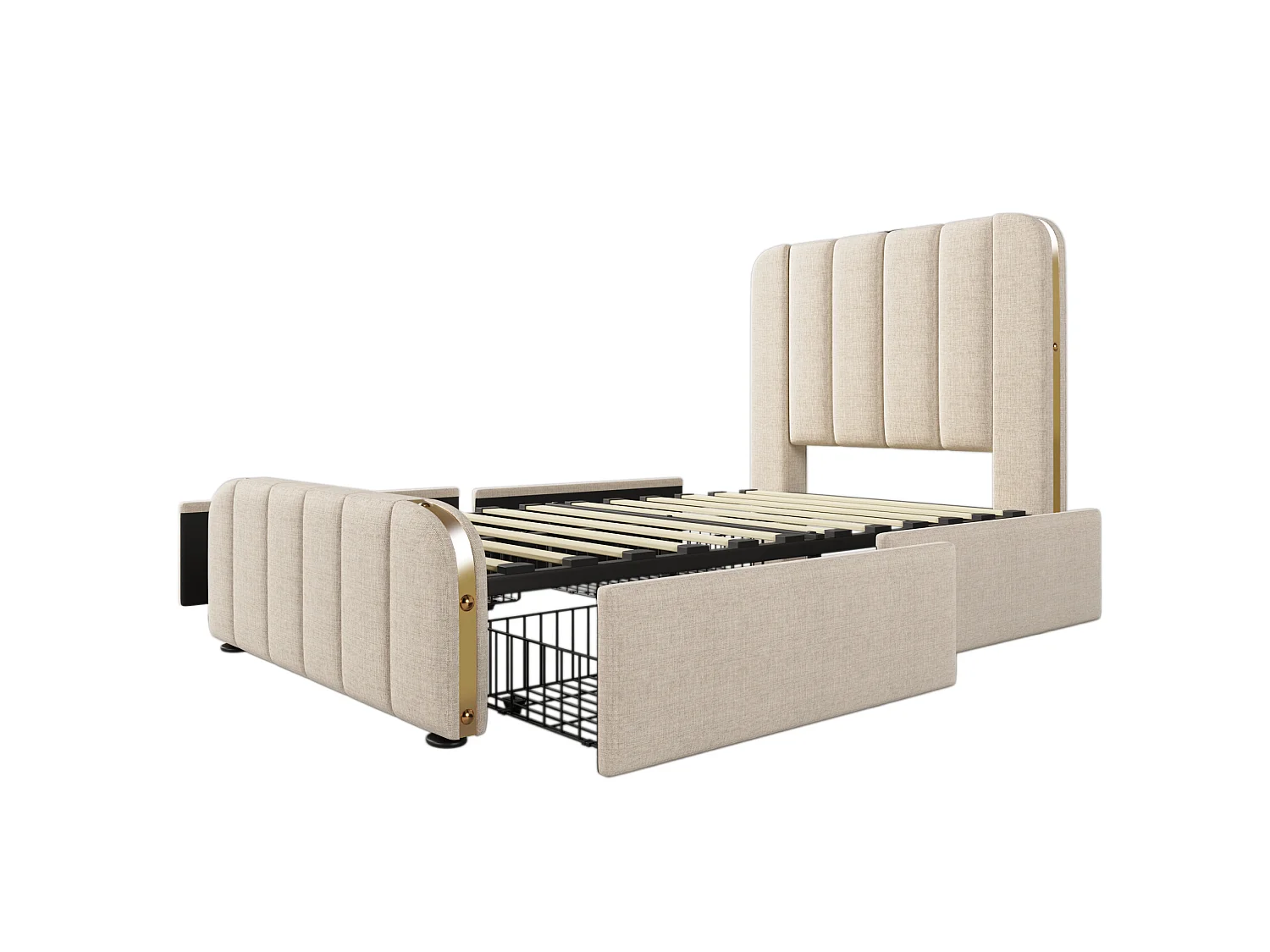 Letto per bambini 90x200 cm con 4 cassetti, testiera con porte USB e Type-C, rivestimento in tessuto beige, materasso incluso