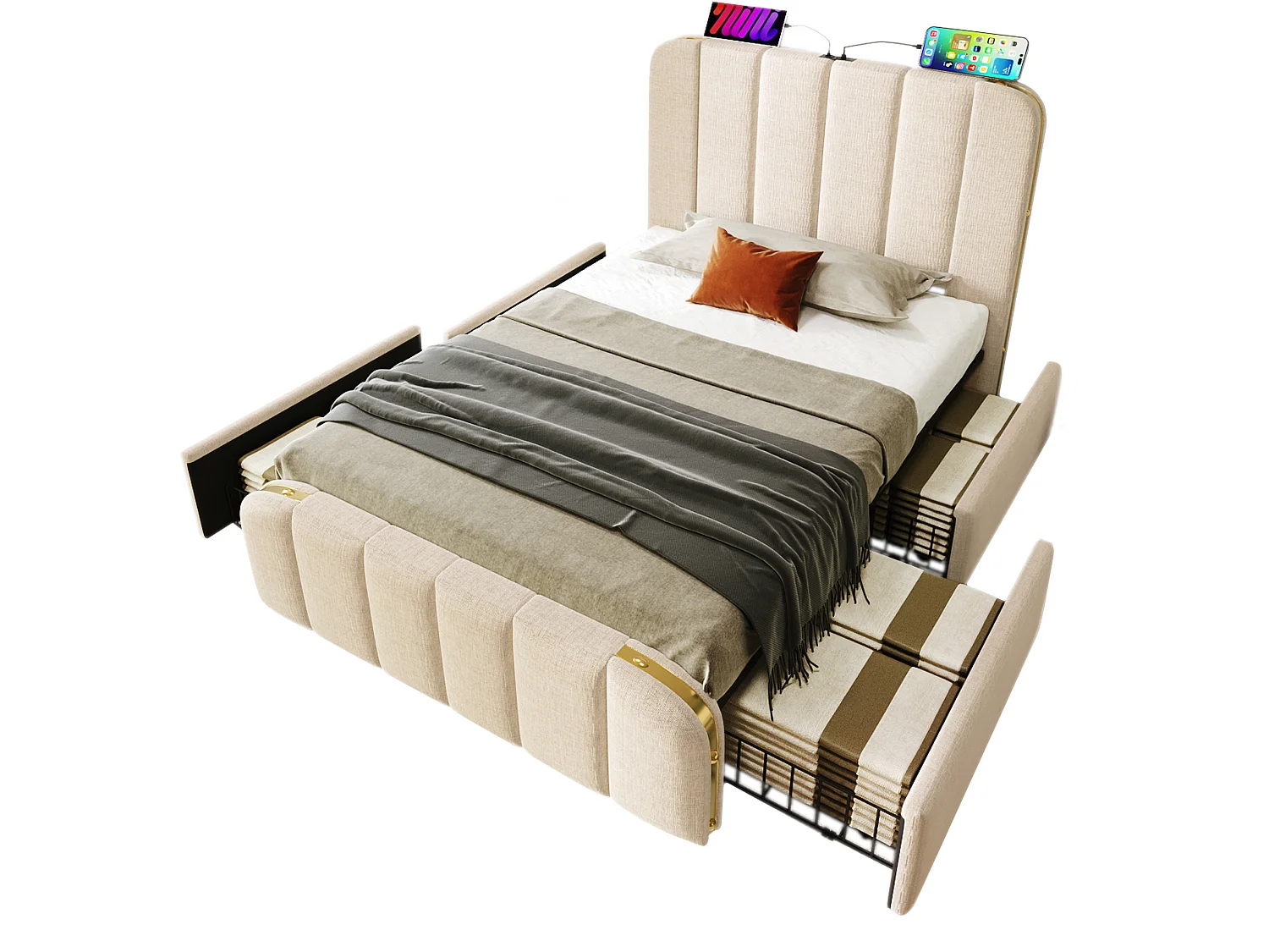 Letto per bambini 90x200 cm con 4 cassetti, testiera con porte USB e Type-C, rivestimento in tessuto beige, materasso incluso