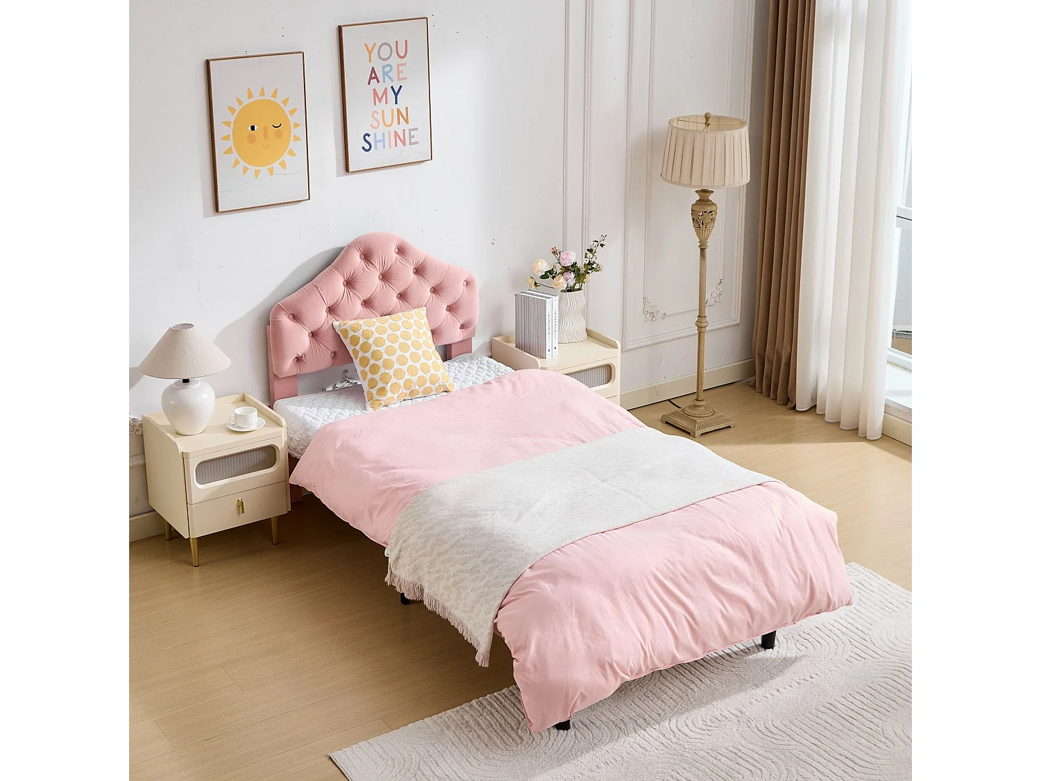 Lit simple 90x200 cm avec tête de lit réglable, structure renforcée, en velours, rose, sans matelas