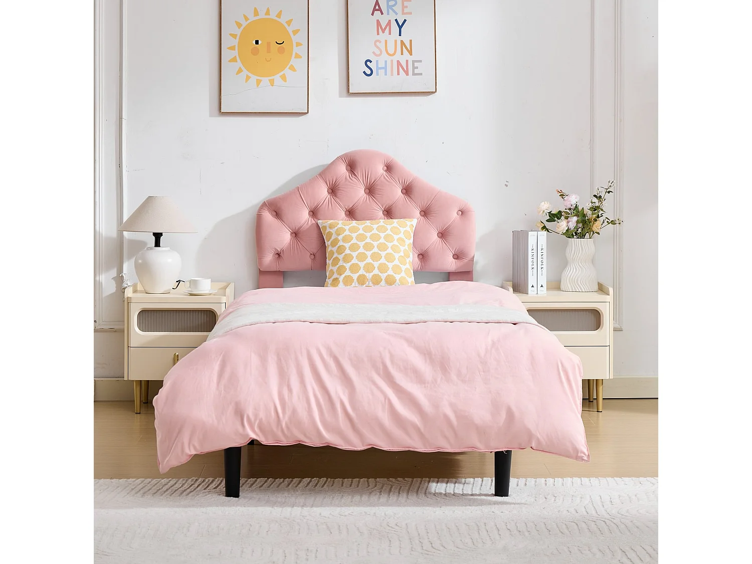 Lit simple 90x200 cm avec tête de lit réglable, structure renforcée, en velours, rose, sans matelas