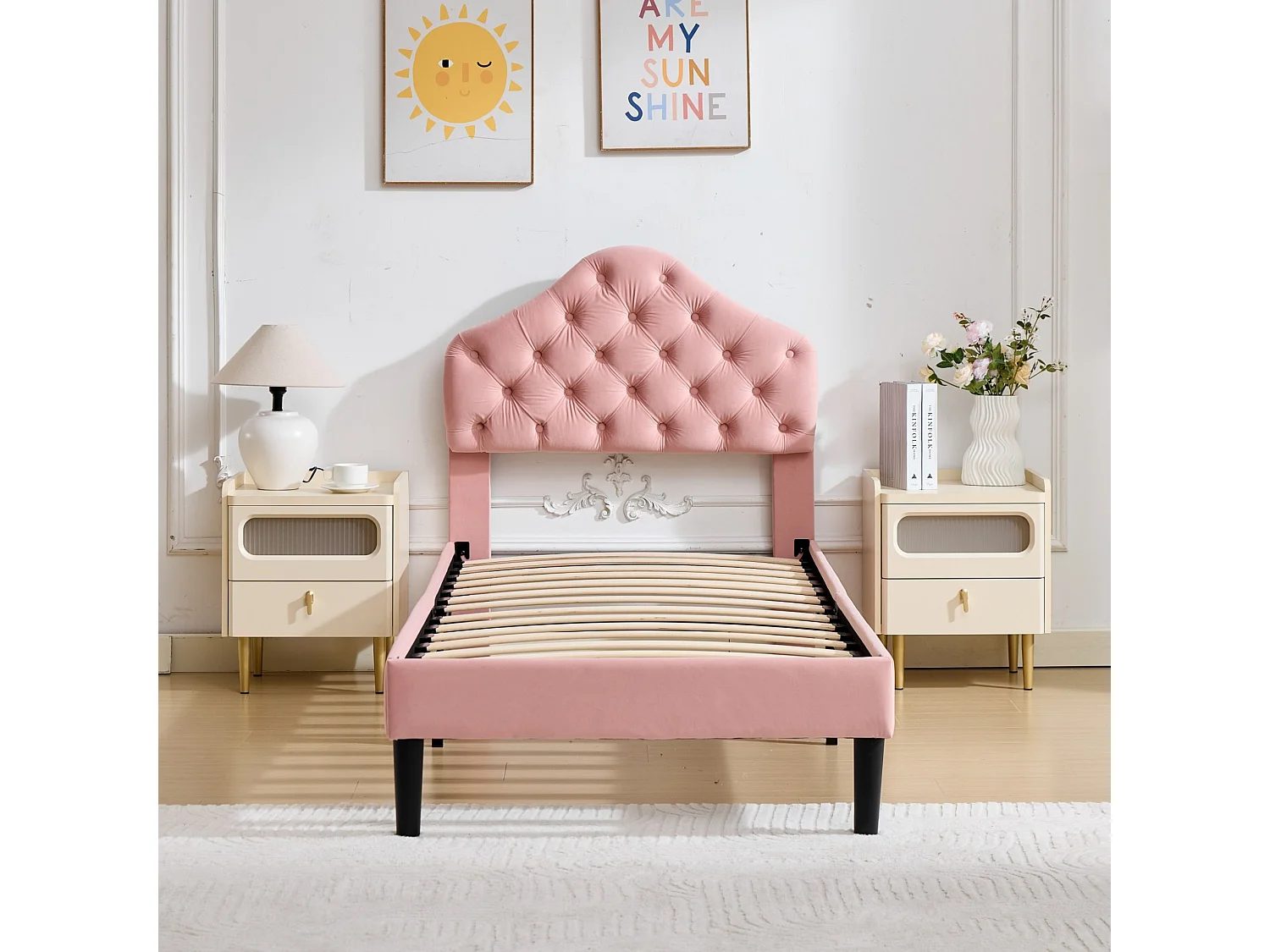 Lit simple 90x200 cm avec tête de lit réglable, structure renforcée, en velours, rose, sans matelas