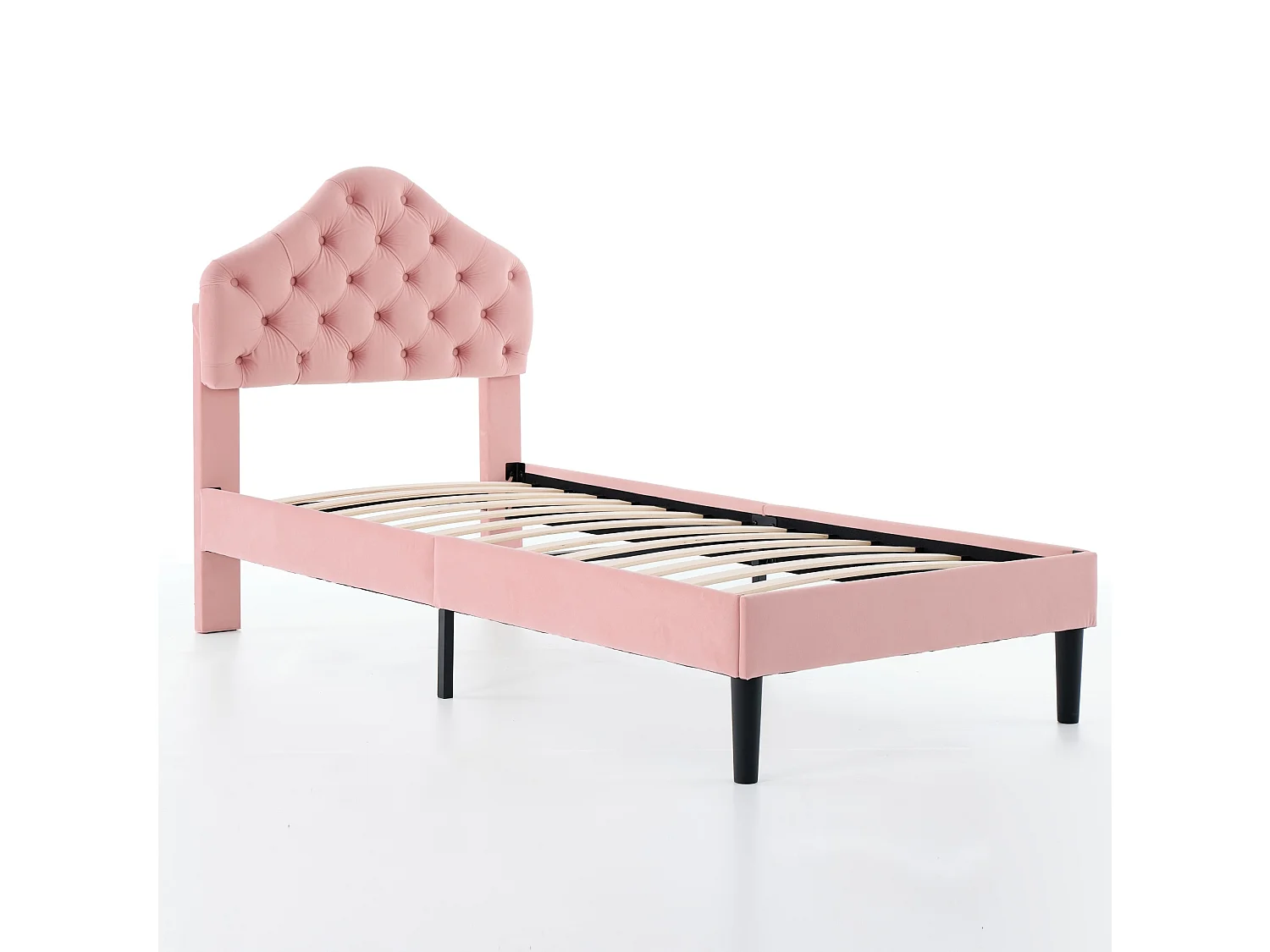 Lit simple 90x200 cm avec tête de lit réglable, structure renforcée, en velours, rose, sans matelas