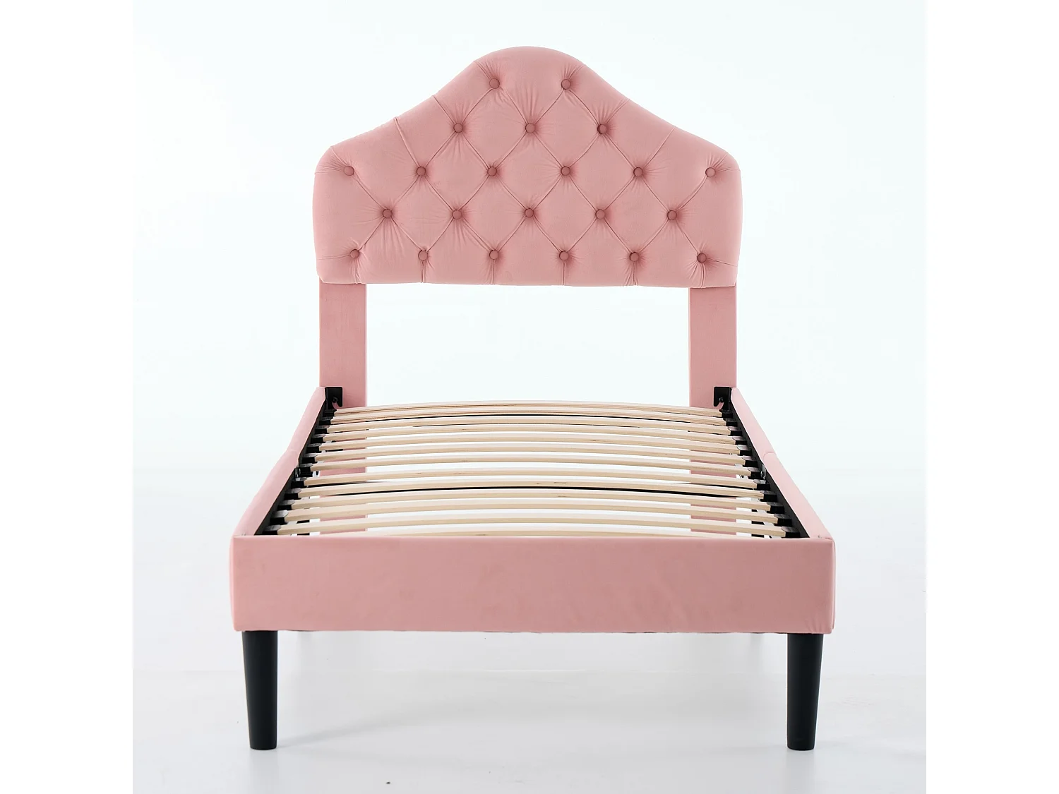 Lit simple 90x200 cm avec tête de lit réglable, structure renforcée, en velours, rose, sans matelas
