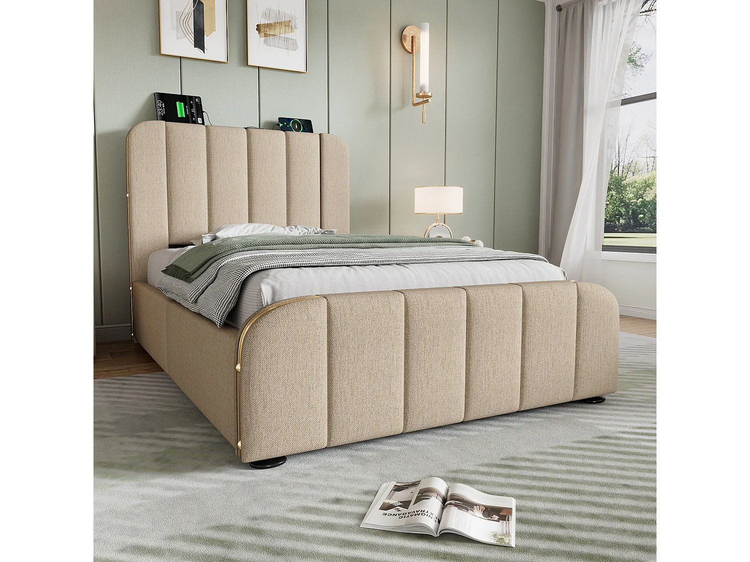 Lit enfant 90x200 cm avec 4 tiroirs, tête de lit avec ports USB et Type-C, en lin, beige, matelas inclus