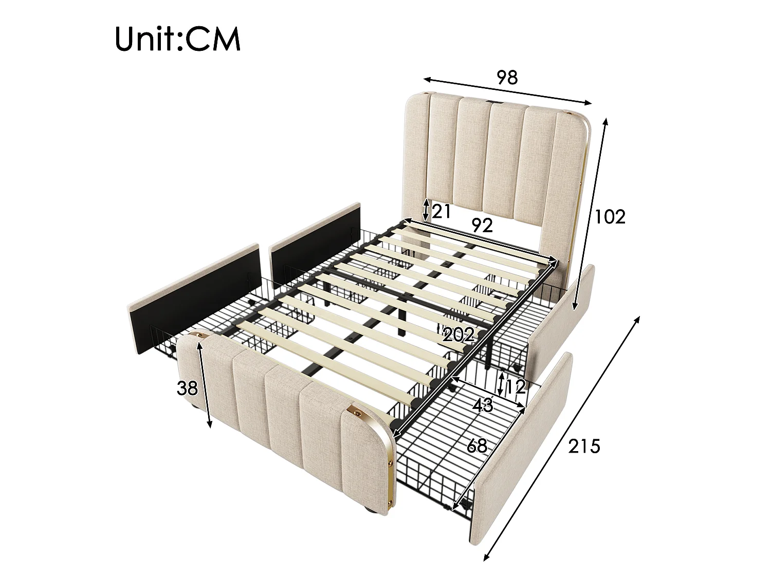Lit enfant 90x200 cm avec 4 tiroirs, tête de lit avec ports USB et Type-C, en lin, beige, matelas inclus