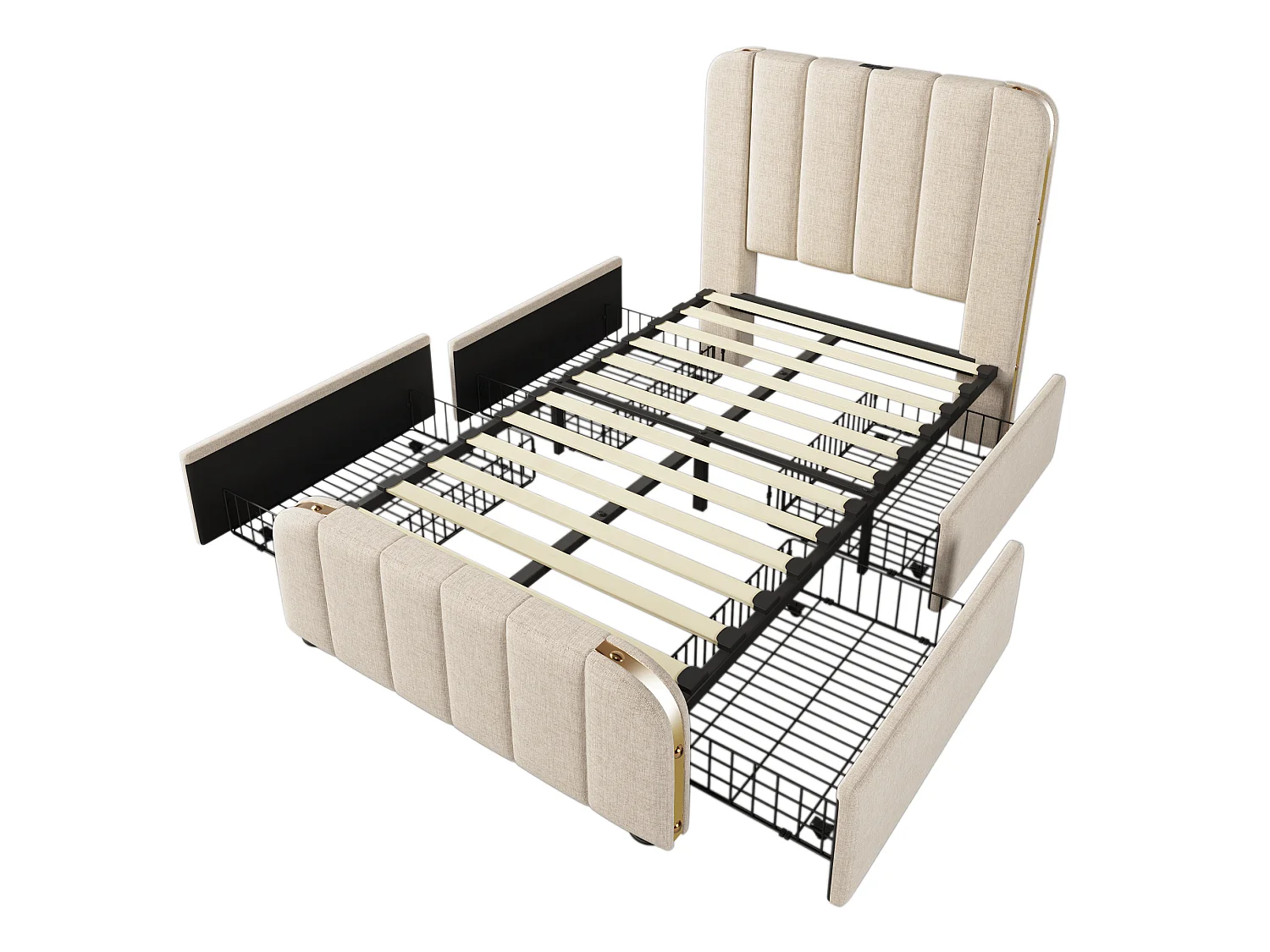 Lit enfant 90x200 cm avec 4 tiroirs, tête de lit avec ports USB et Type-C, en lin, beige, matelas inclus