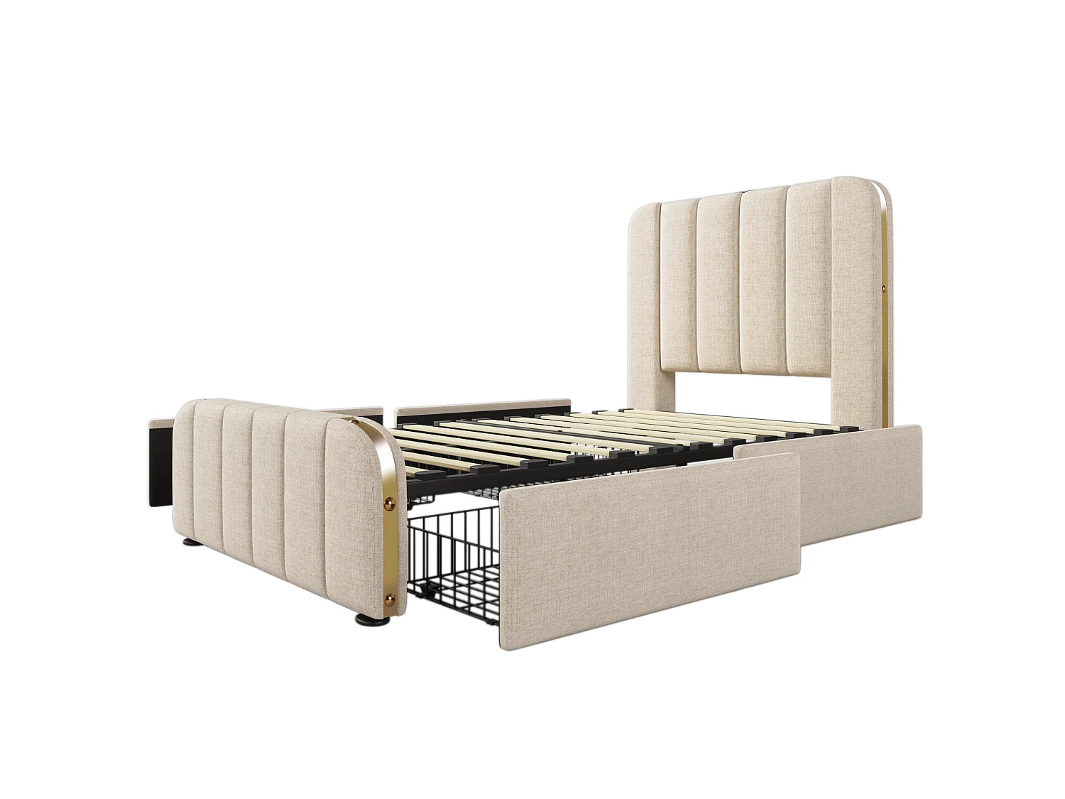 Lit enfant 90x200 cm avec 4 tiroirs, tête de lit avec ports USB et Type-C, en lin, beige, matelas inclus