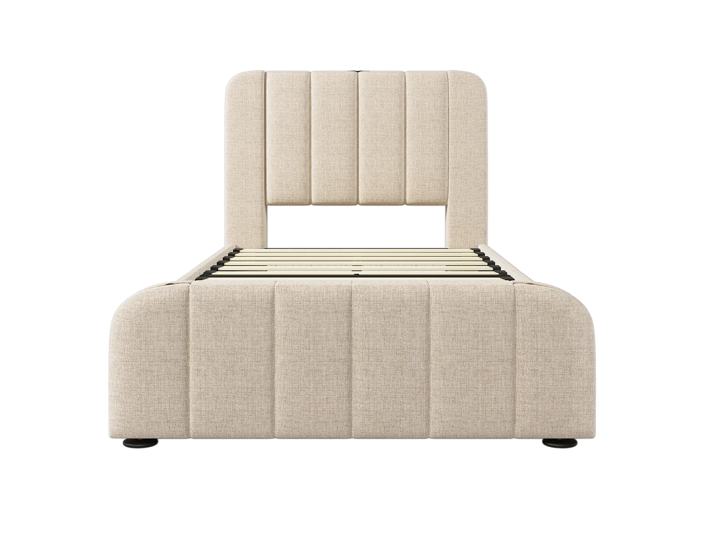Lit enfant 90x200 cm avec 4 tiroirs, tête de lit avec ports USB et Type-C, en lin, beige, matelas inclus