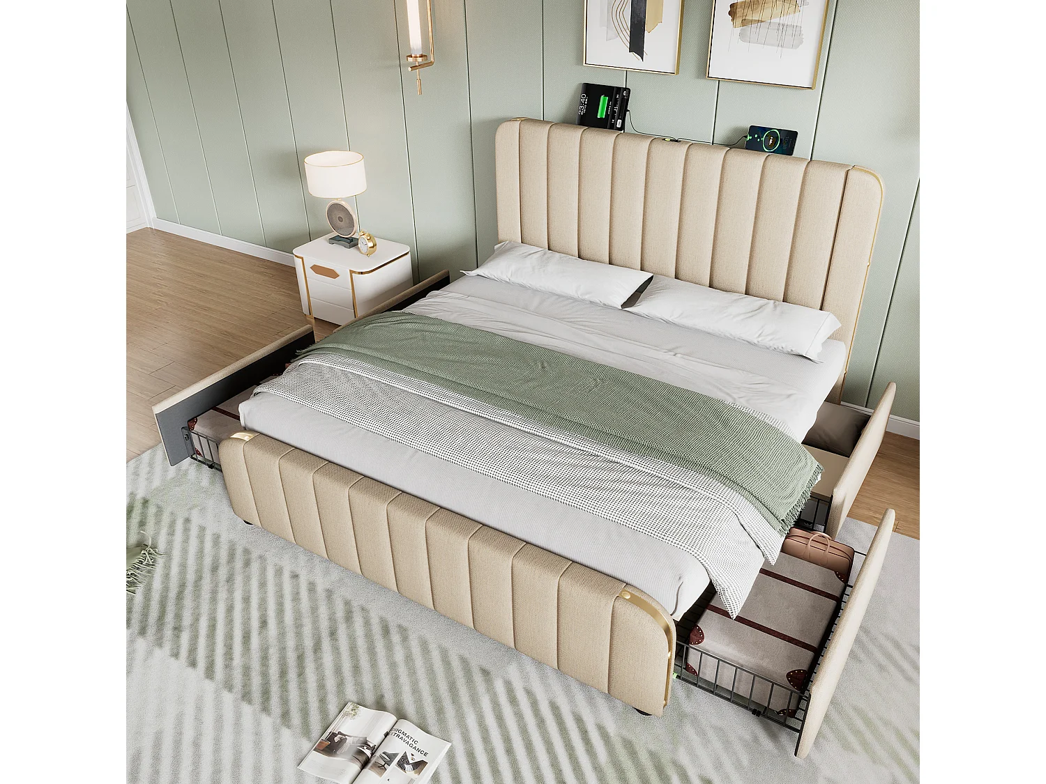Lit adulte 140x190 cm avec 4 tiroirs, tête de lit avec ports USB et Type-C, en lin, beige, sans matelas