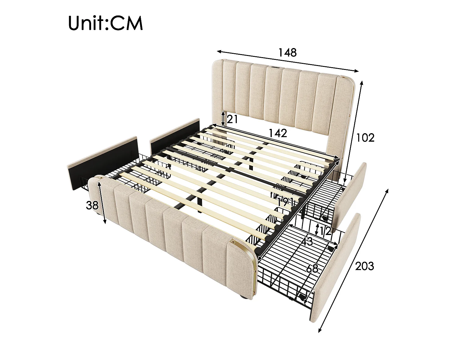 Lit adulte 140x190 cm avec 4 tiroirs, tête de lit avec ports USB et Type-C, en lin, beige, sans matelas