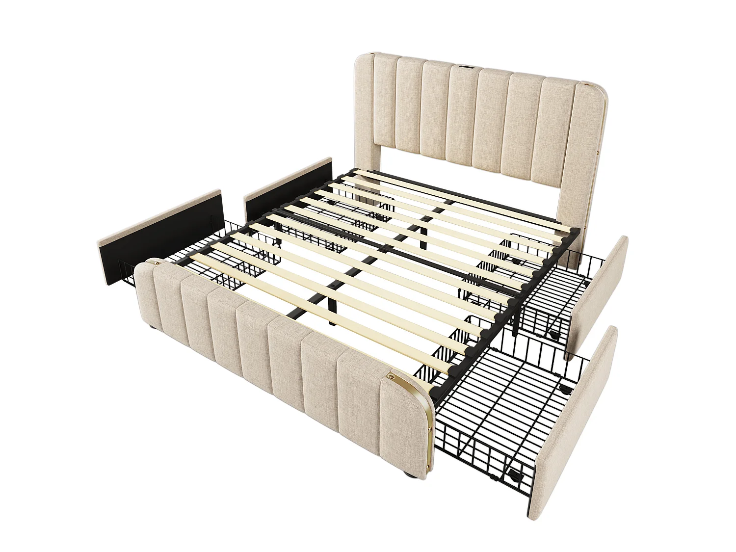 Lit adulte 140x190 cm avec 4 tiroirs, tête de lit avec ports USB et Type-C, en lin, beige, sans matelas
