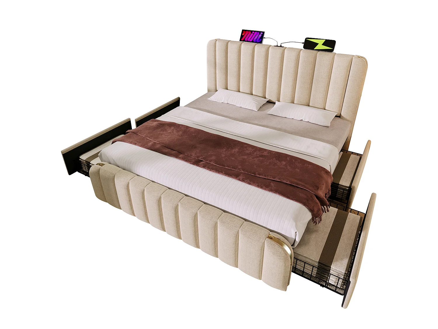 Lit adulte 140x190 cm avec 4 tiroirs, tête de lit avec ports USB et Type-C, en lin, beige, sans matelas