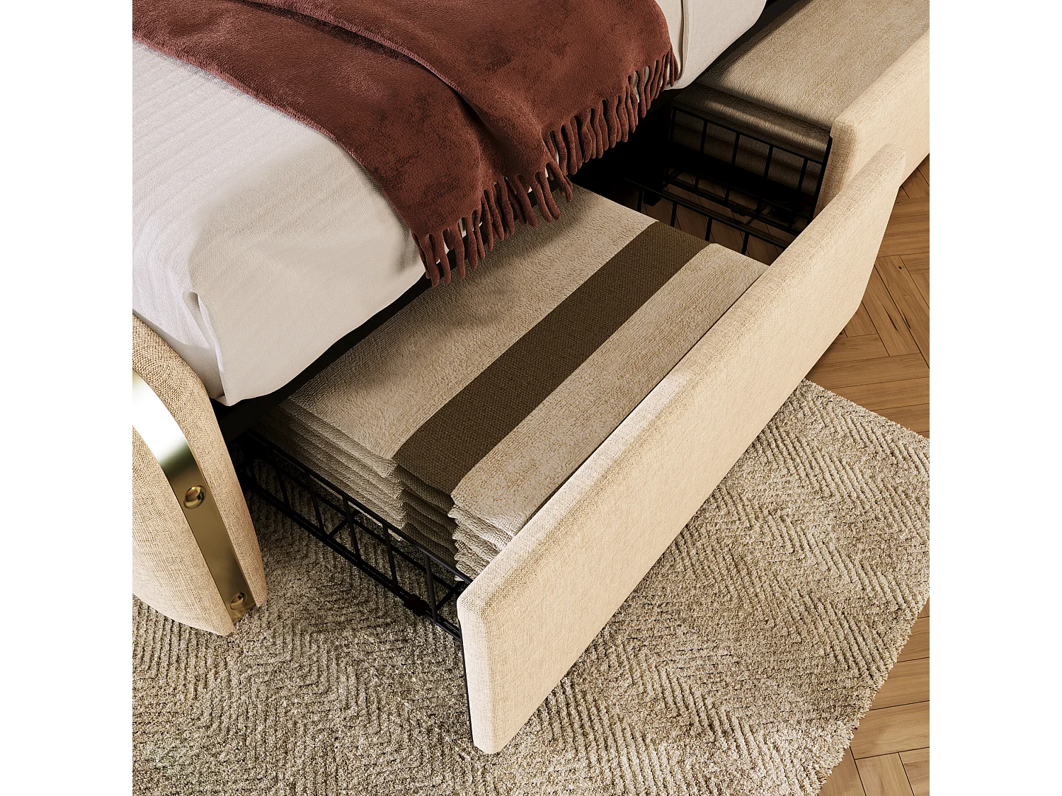 Lit adulte 140x190 cm avec 4 tiroirs, tête de lit avec ports USB et Type-C, en lin, beige, sans matelas