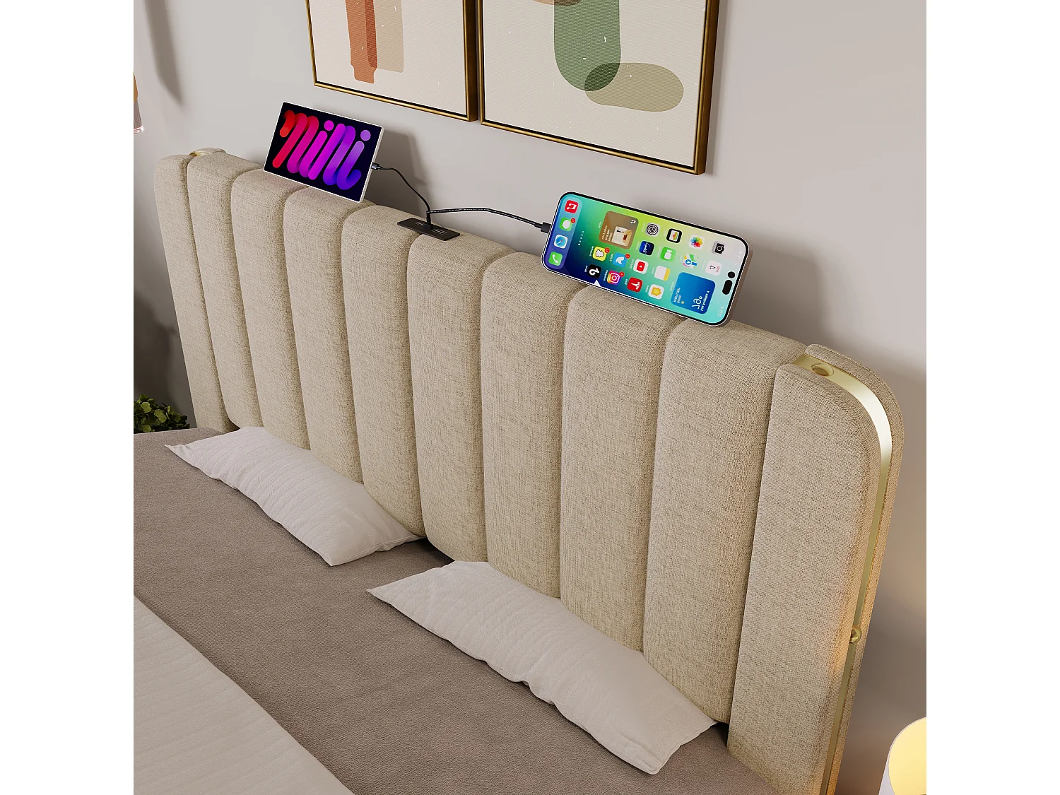 Lit adulte 140x190 cm avec 4 tiroirs, tête de lit avec ports USB et Type-C, en lin, beige, sans matelas