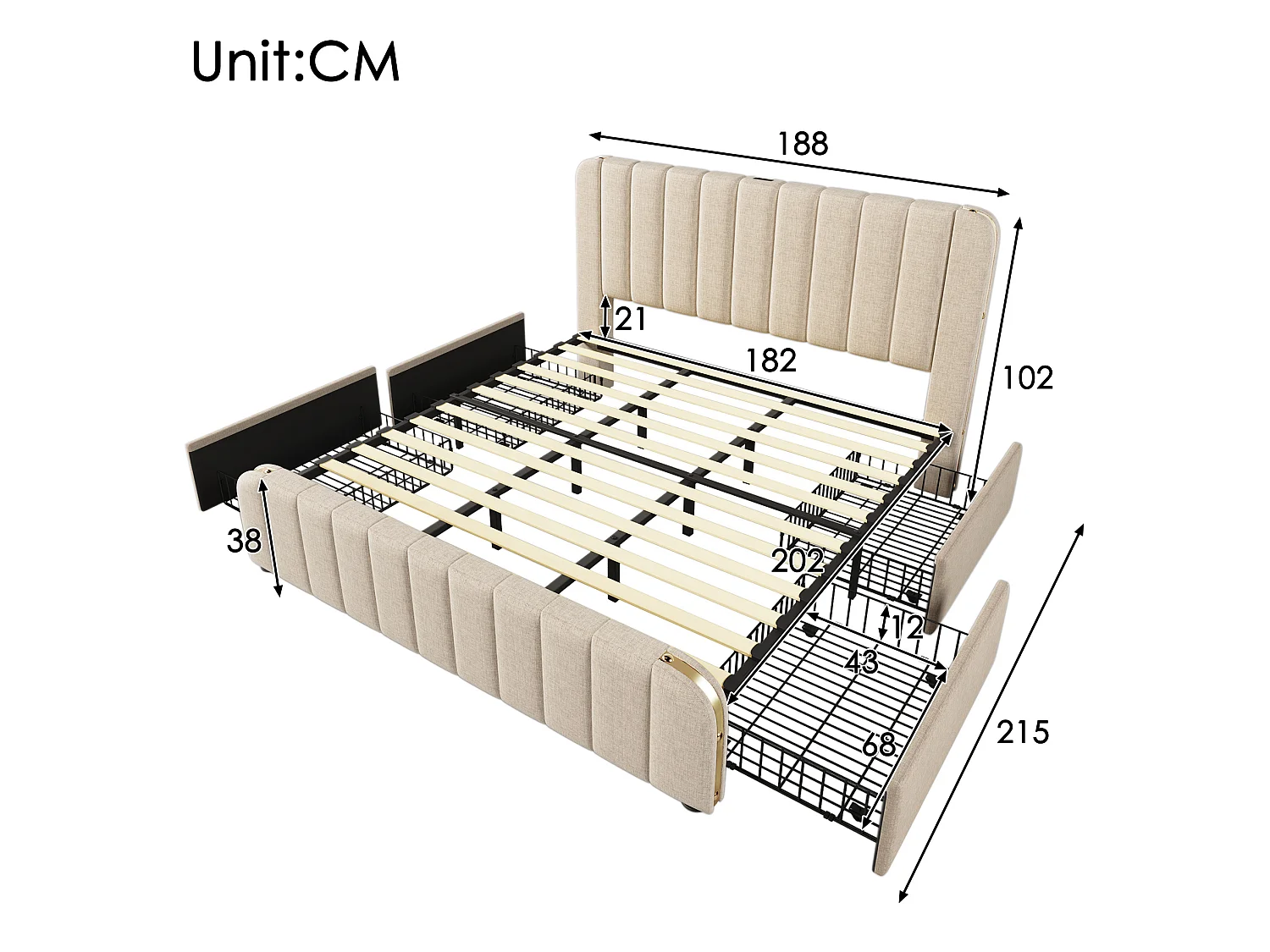 Lit adulte 180x200 cm avec 4 tiroirs, tête de lit avec ports USB et Type-C, en lin, beige, matelas inclus