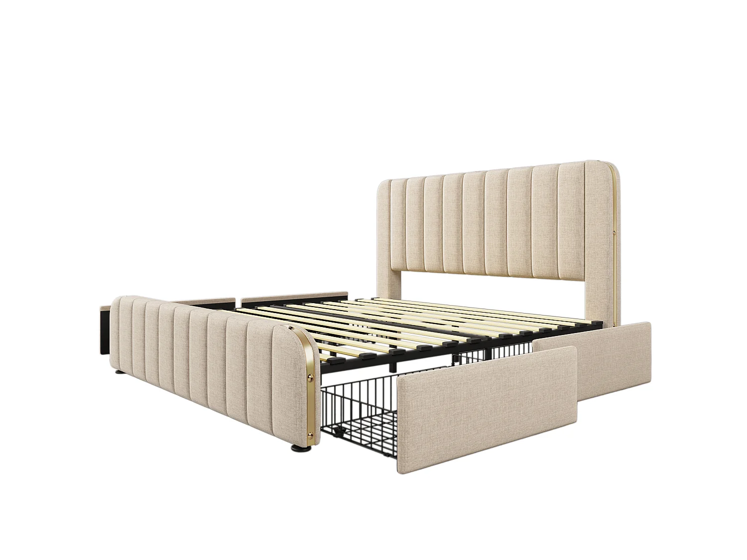 Lit adulte 180x200 cm avec 4 tiroirs, tête de lit avec ports USB et Type-C, en lin, beige, matelas inclus