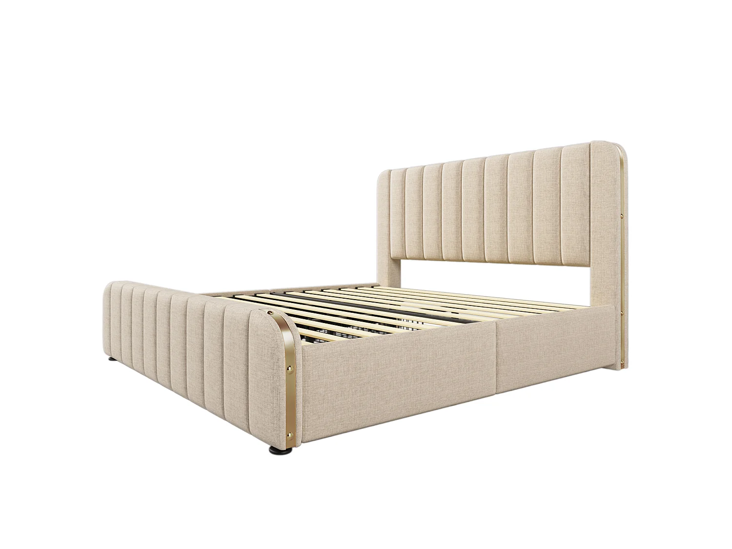 Lit adulte 180x200 cm avec 4 tiroirs, tête de lit avec ports USB et Type-C, en lin, beige, matelas inclus
