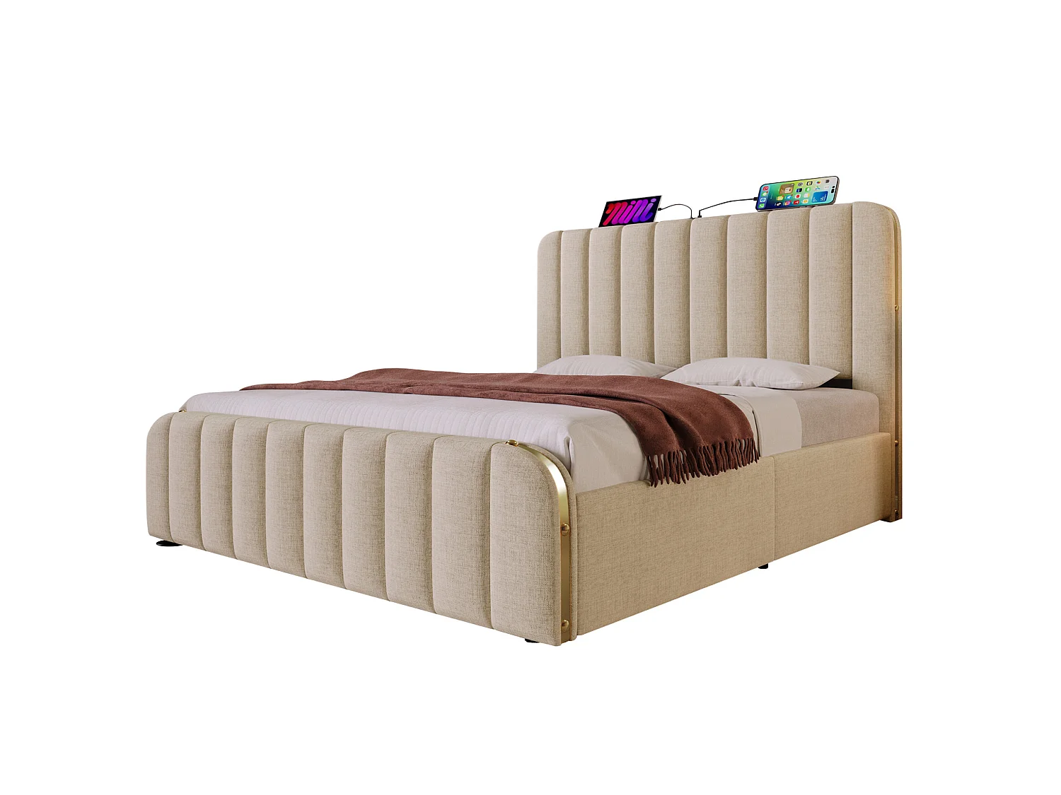 Lit adulte 180x200 cm avec 4 tiroirs, tête de lit avec ports USB et Type-C, en lin, beige, matelas inclus