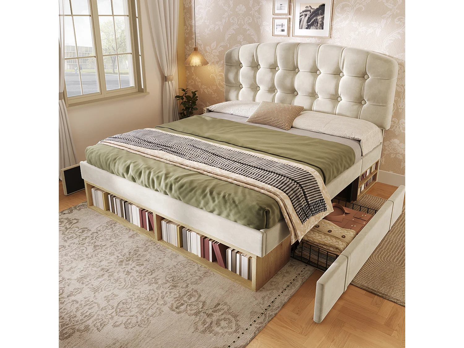 Lit adulte 140x190 cm avec tiroirs et rangements, tête de lit réglable, en velours, beige, sans matelas