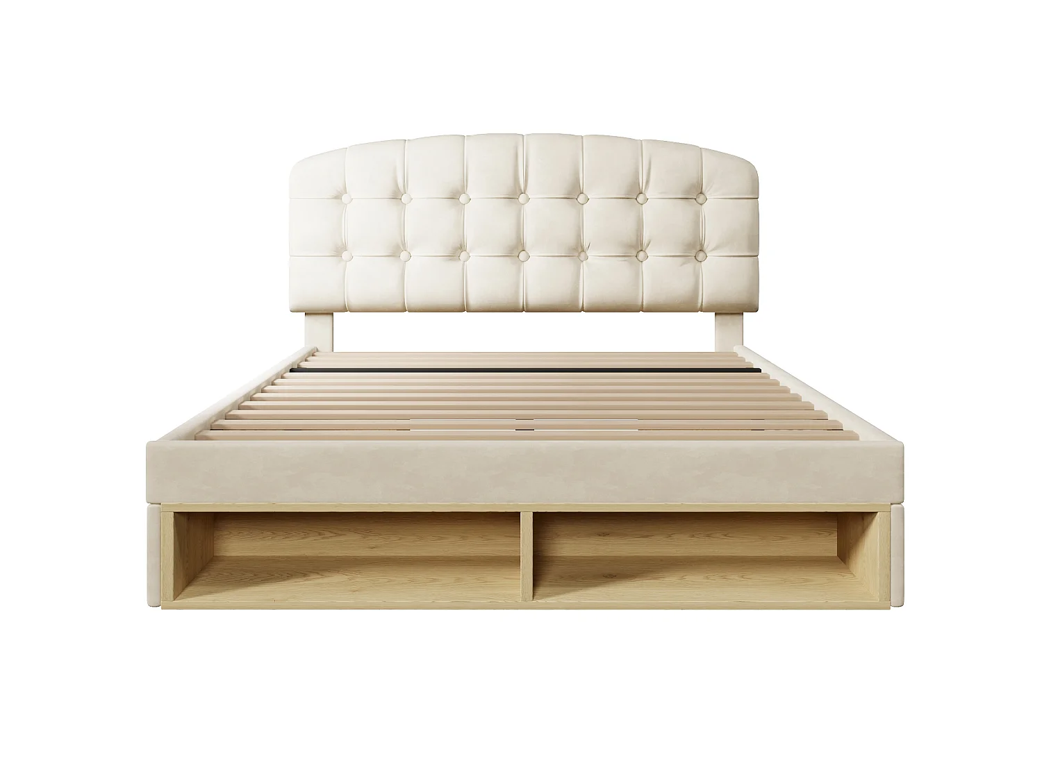 Lit adulte 140x190 cm avec tiroirs et rangements, tête de lit réglable, en velours, beige, sans matelas