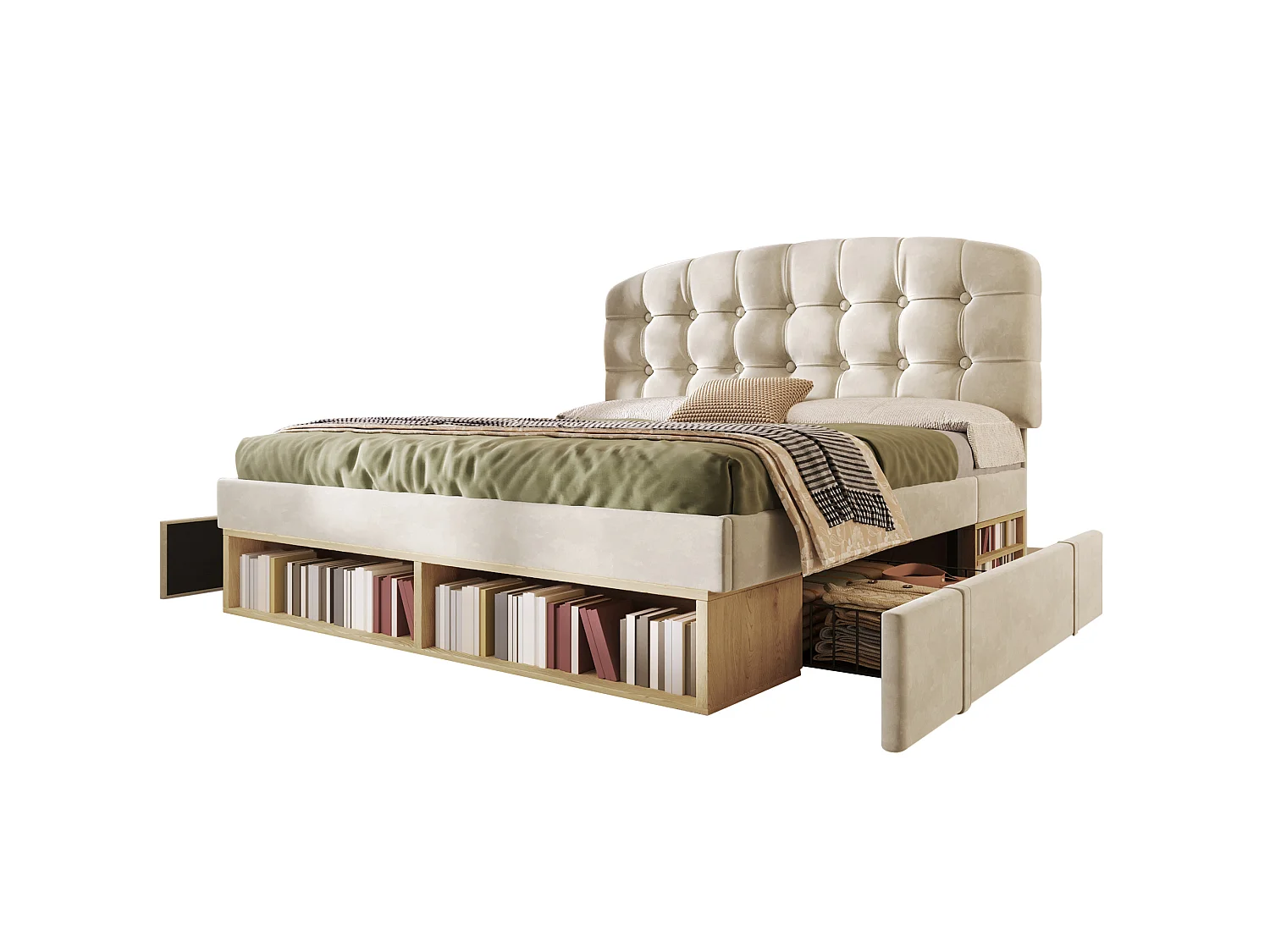Lit adulte 140x190 cm avec tiroirs et rangements, tête de lit réglable, en velours, beige, sans matelas