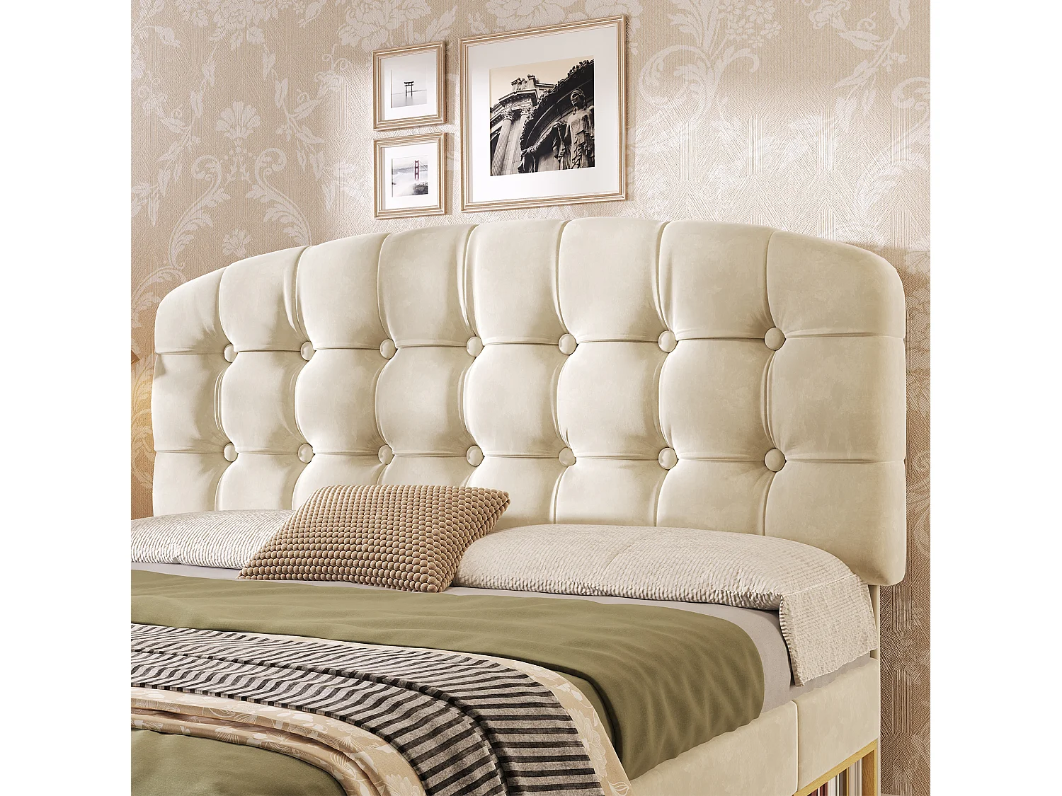Lit adulte 140x190 cm avec tiroirs et rangements, tête de lit réglable, en velours, beige, sans matelas