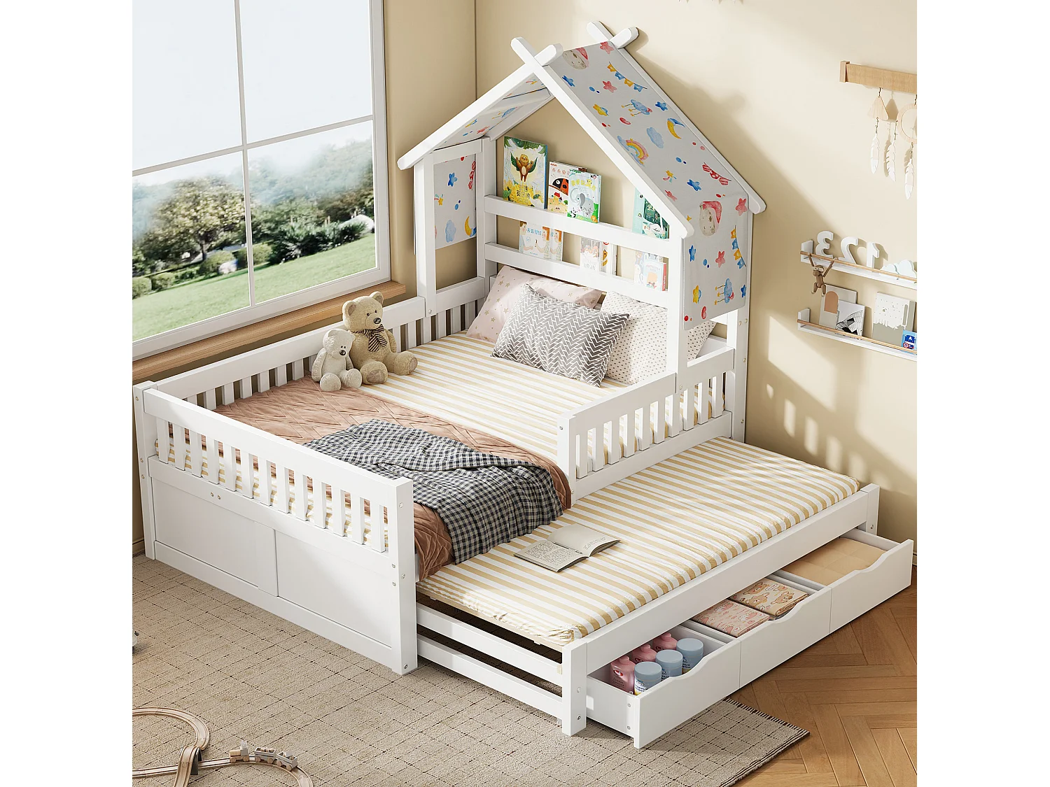 Lit cabane enfant 140x200 cm avec lit gigogne et 3 tiroirs, en bois, blanc, sans matelas