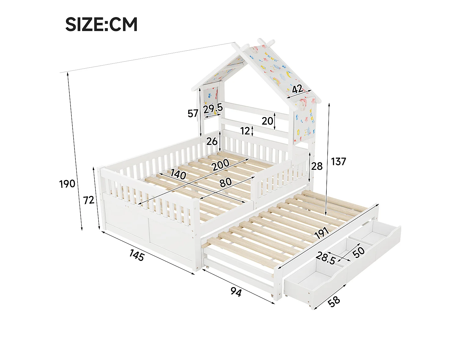 Lit cabane enfant 140x200 cm avec lit gigogne et 3 tiroirs, en bois, blanc, sans matelas