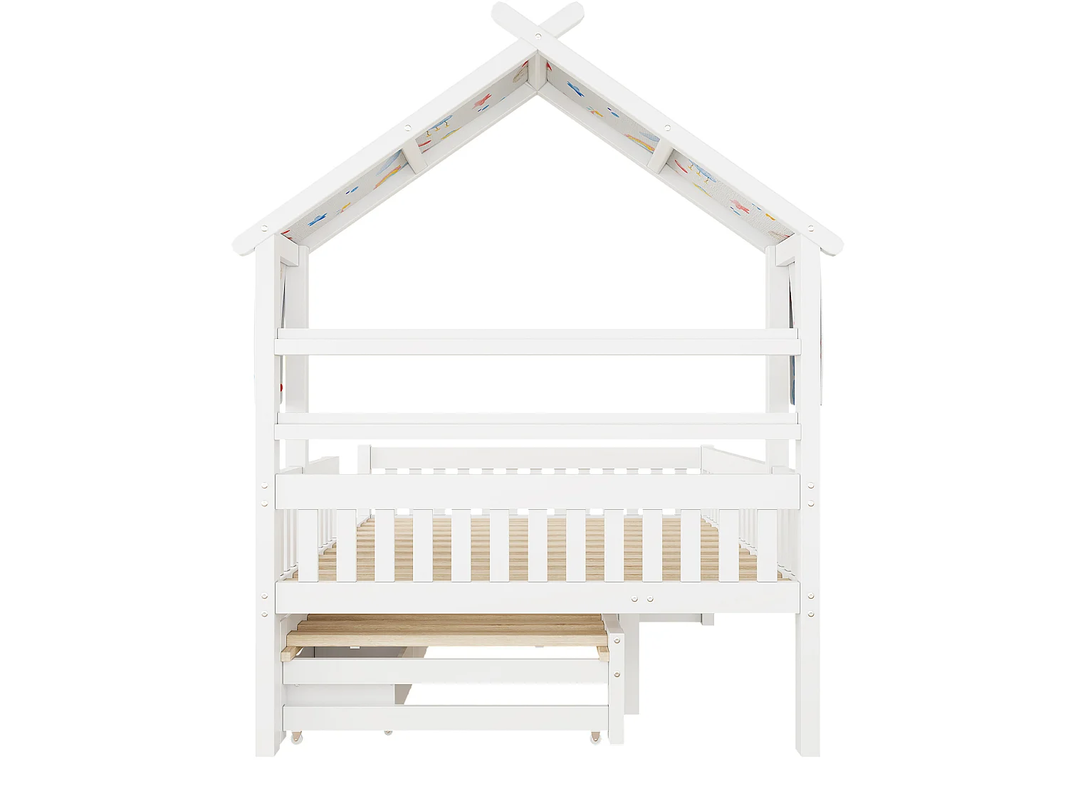 Lit cabane enfant 140x200 cm avec lit gigogne et 3 tiroirs, en bois, blanc, sans matelas
