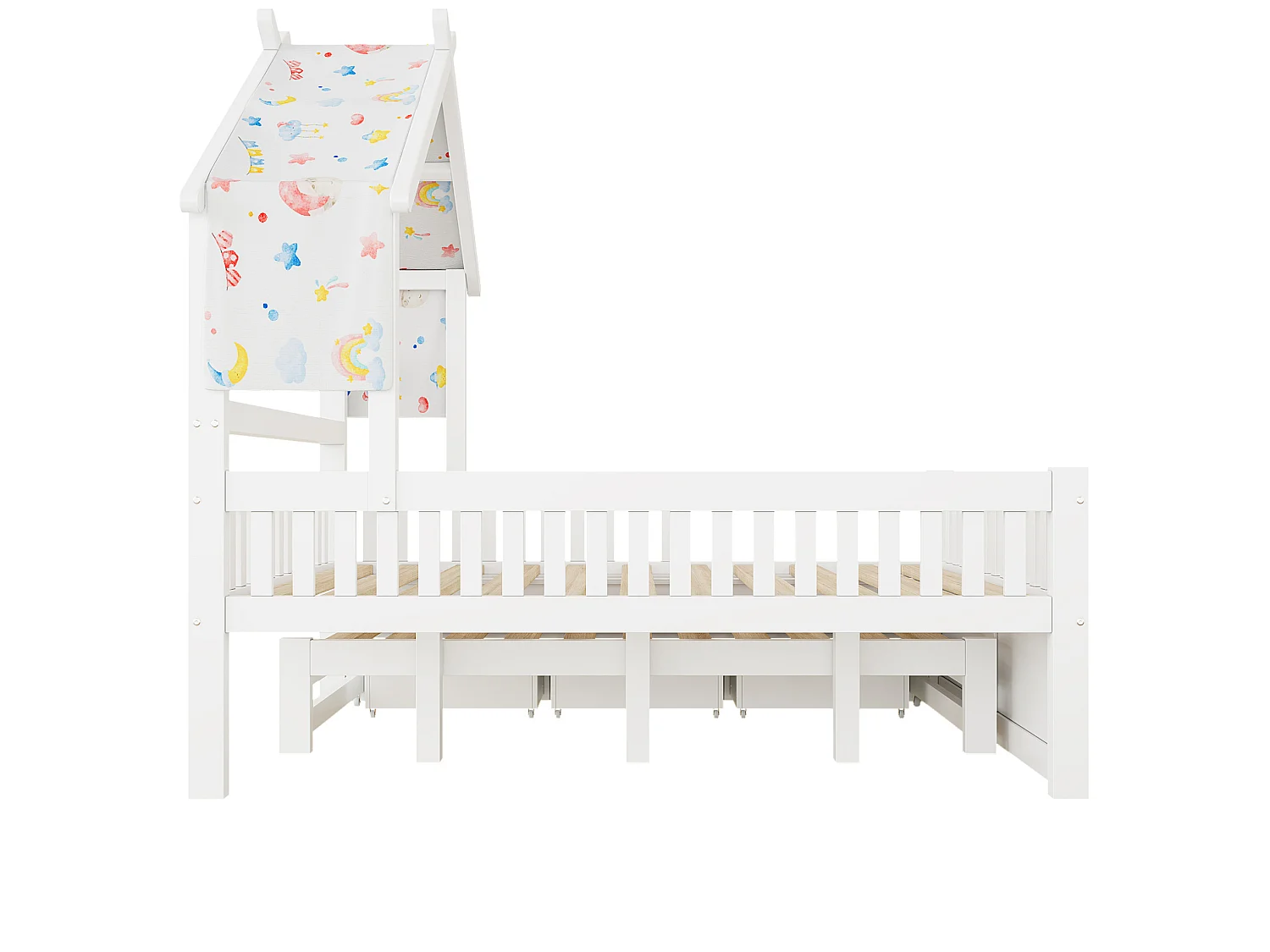 Lit cabane enfant 140x200 cm avec lit gigogne et 3 tiroirs, en bois, blanc, sans matelas