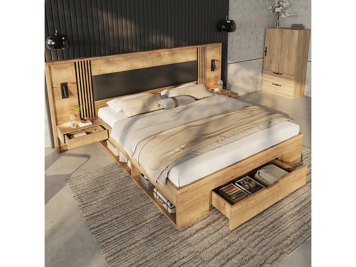 Cama para adultos 180x200 cm con cajón, espacio de almacenamiento, mesitas de noche y luz de lectura, natural, colchón no incluido