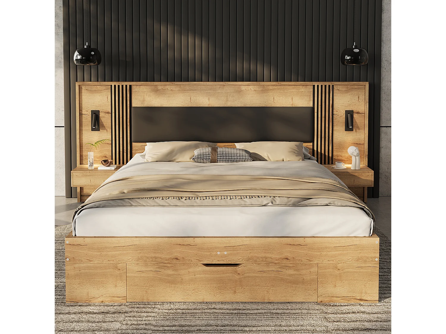 Cama para adultos 180x200 cm con cajón, espacio de almacenamiento, mesitas de noche y luz de lectura, natural, colchón no incluido
