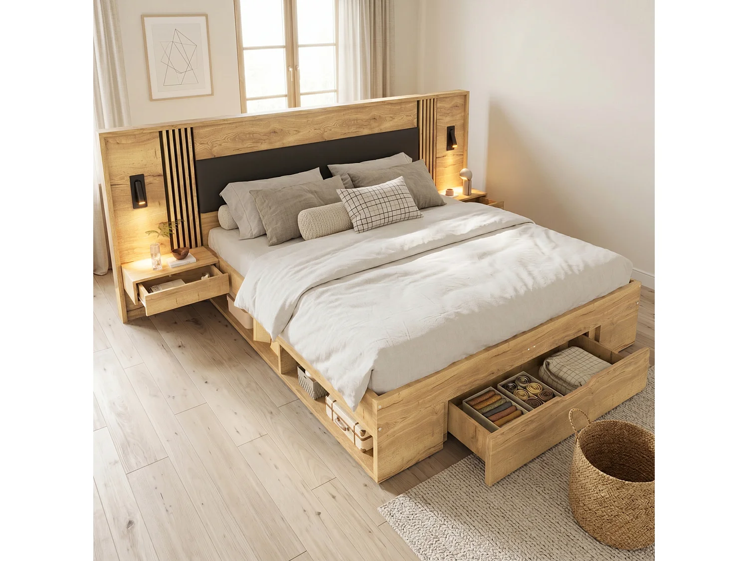Cama para adultos 180x200 cm con cajón, espacio de almacenamiento, mesitas de noche y luz de lectura, natural, colchón no incluido