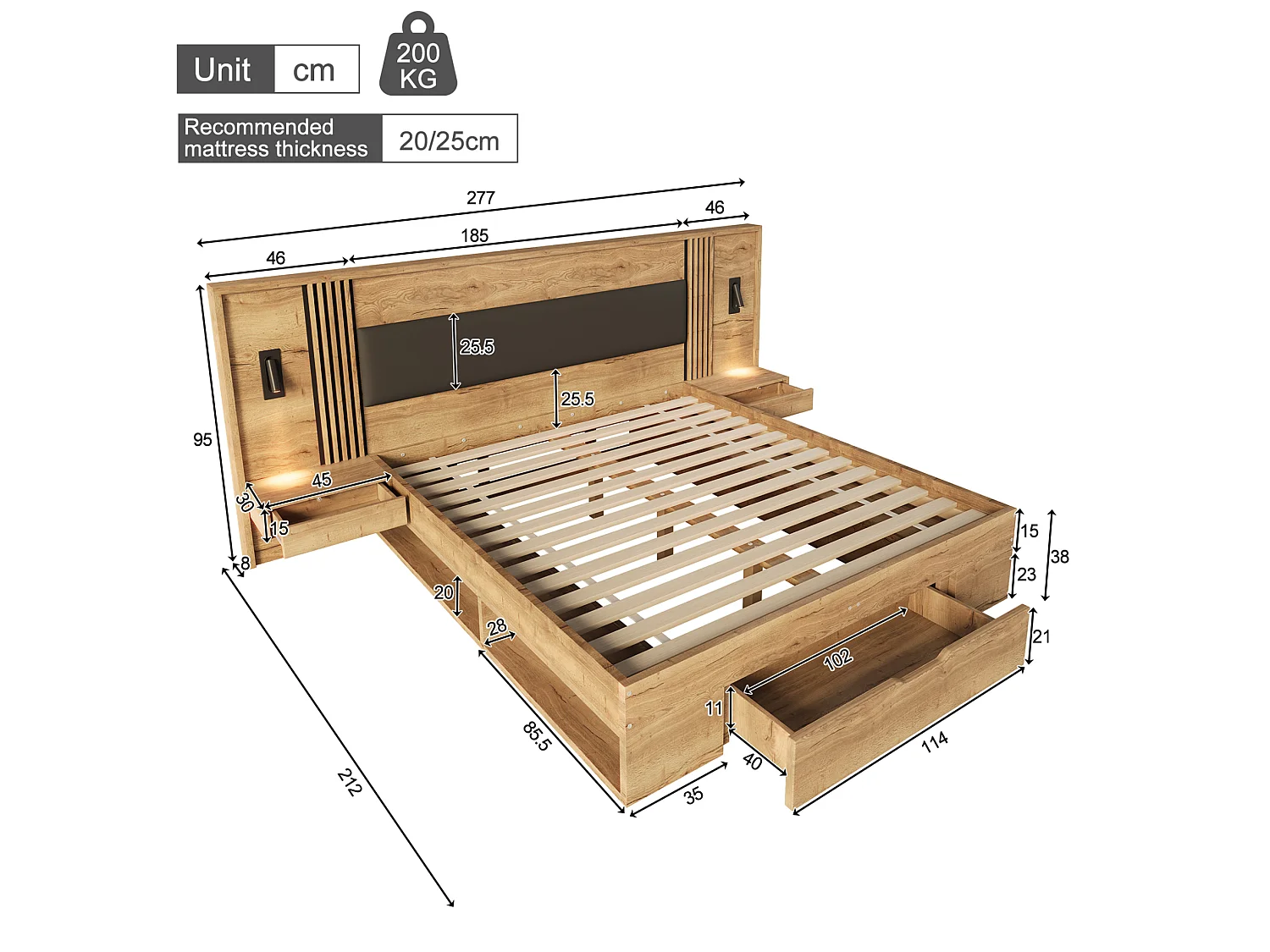 Cama para adultos 180x200 cm con cajón, espacio de almacenamiento, mesitas de noche y luz de lectura, natural, colchón no incluido