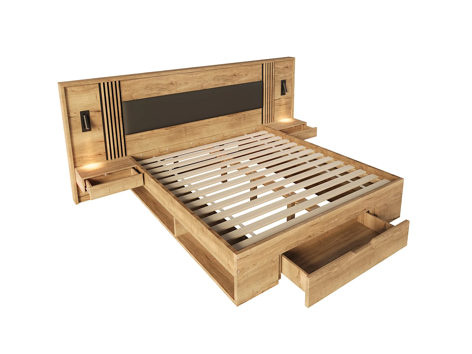 Cama para adultos 180x200 cm con cajón, espacio de almacenamiento, mesitas de noche y luz de lectura, natural, colchón no incluido