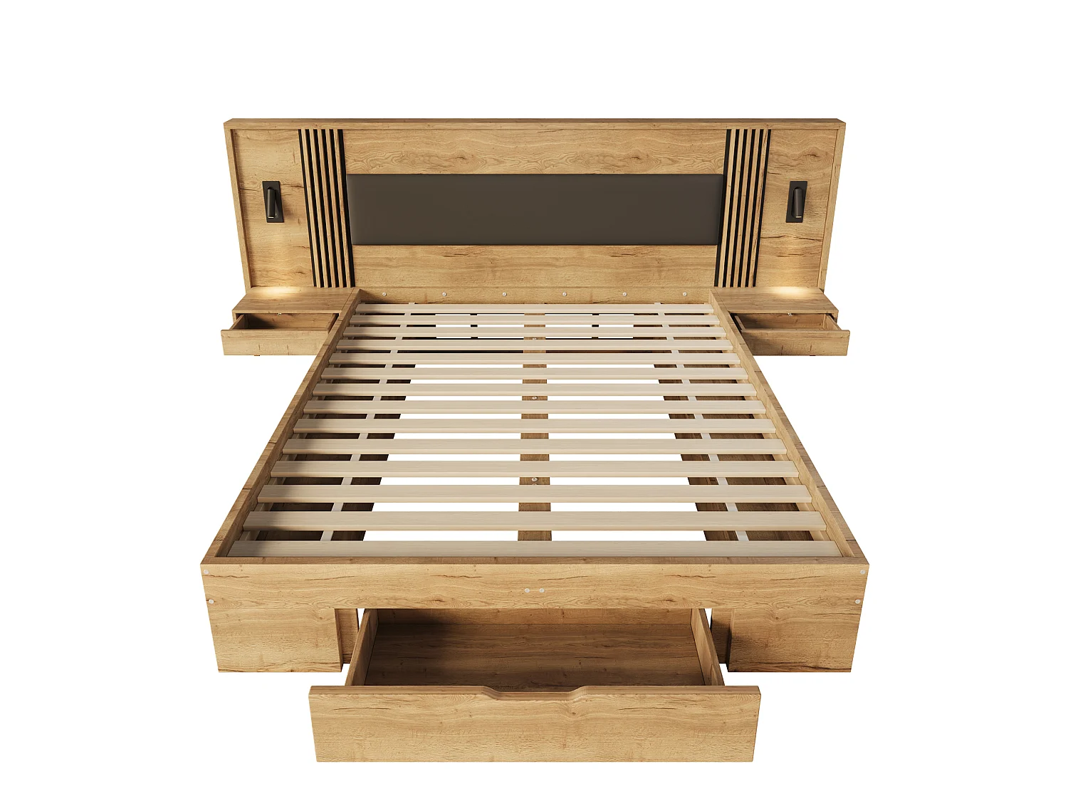 Cama para adultos 180x200 cm con cajón, espacio de almacenamiento, mesitas de noche y luz de lectura, natural, colchón no incluido