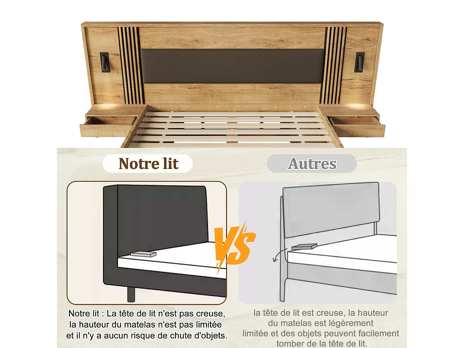 Cama para adultos 180x200 cm con cajón, espacio de almacenamiento, mesitas de noche y luz de lectura, natural, colchón no incluido